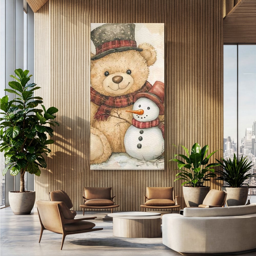 Tablou canvas cu ilustratie cu ursulet si om de zapada, fara rama, pe sasiu de lemn, pe perete intr-un birou
